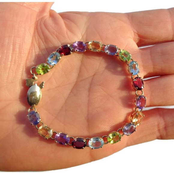 Real 14K Solid Gold Bracelet, Natural Multicolor Gemstones - Picture 2 of 5
